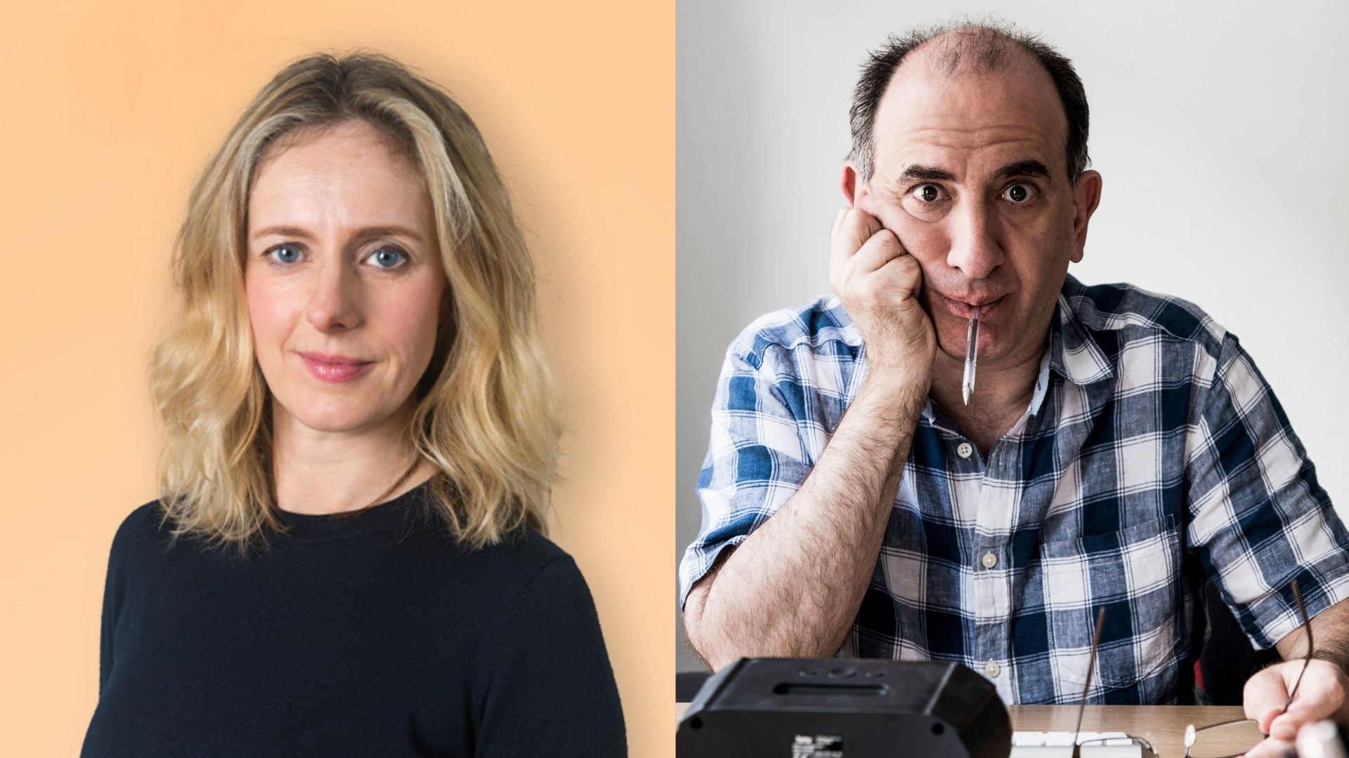 Left, a photo of a white woman with blonde hair wearing a black shirt, Marina Hyde. Right, a white man sat at a desk in a checked shirt, with a pen in his mouth