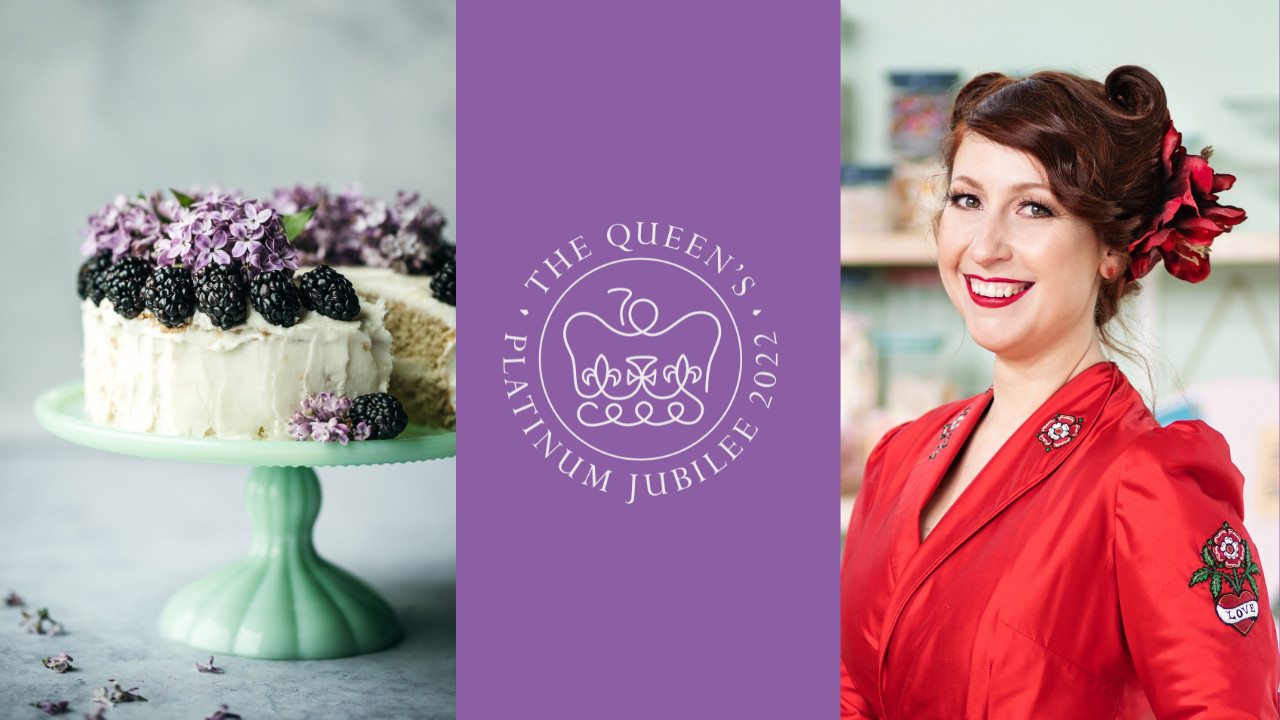 Left, a photo of a white cake on a green stand, topped with blackberries. Centre, a stylised illustrated crown and text reading 'The Queen's Platinum Jubilee 2022'. Right, a white woman wearing a red satin dress and red lipstick smiles at the viewer. Her red hair is styled in 1940s victory rolls with a large red flower.